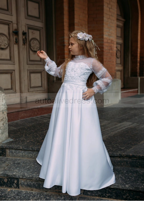 White Satin Lace Pearl Beaded Flower Girl Dress